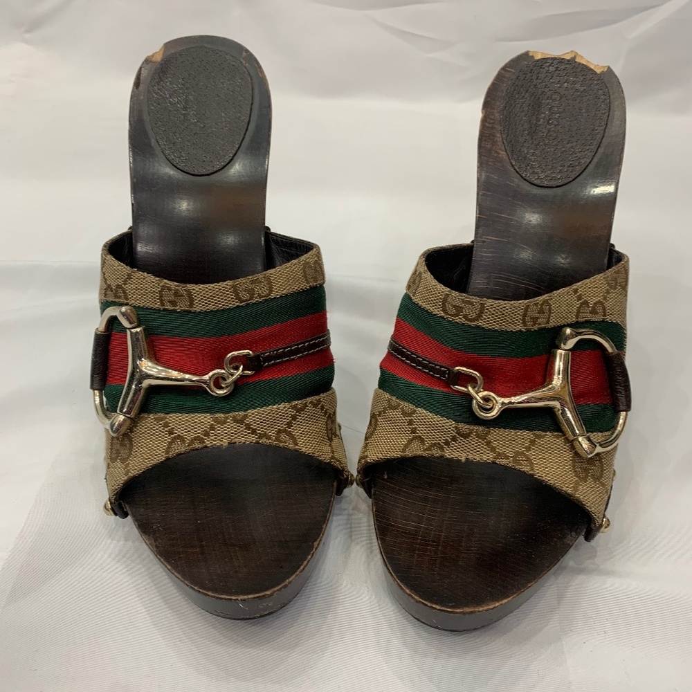 Gucci signature logo canvas horsebit clogs sandals